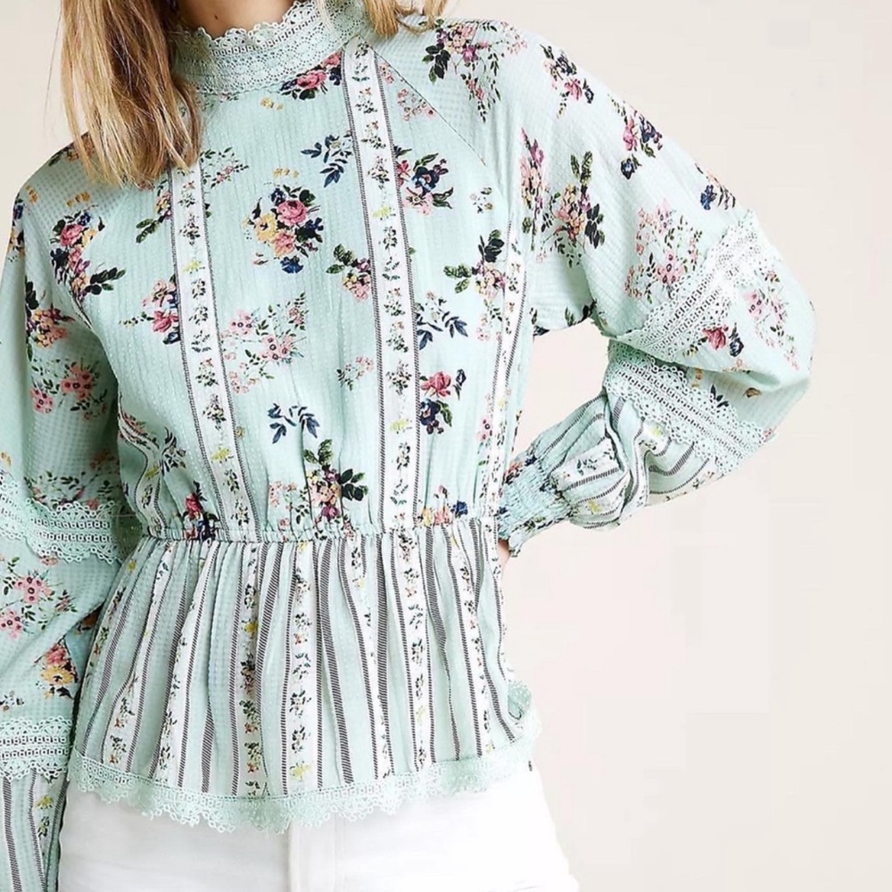 Hemant and Nandita for Anthropologie Floral Green Aqua Long Sleeve Top XS